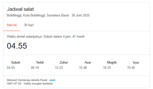 waktu sholat bukittinggi